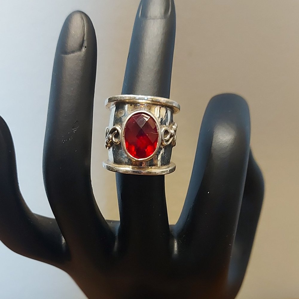 Handmade Mexican 925 Filigree Red Glass Stone Ring